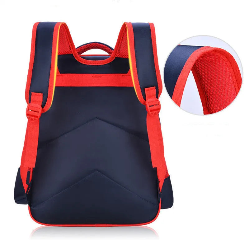 Blue cartoon school backpack with pencil case, showing front design and strap details