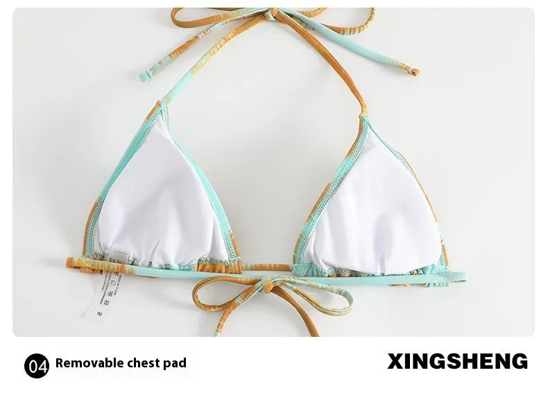 Women's green brown gathered tulle long-sleeved bikini swimsuit with triangle top and matching skirt