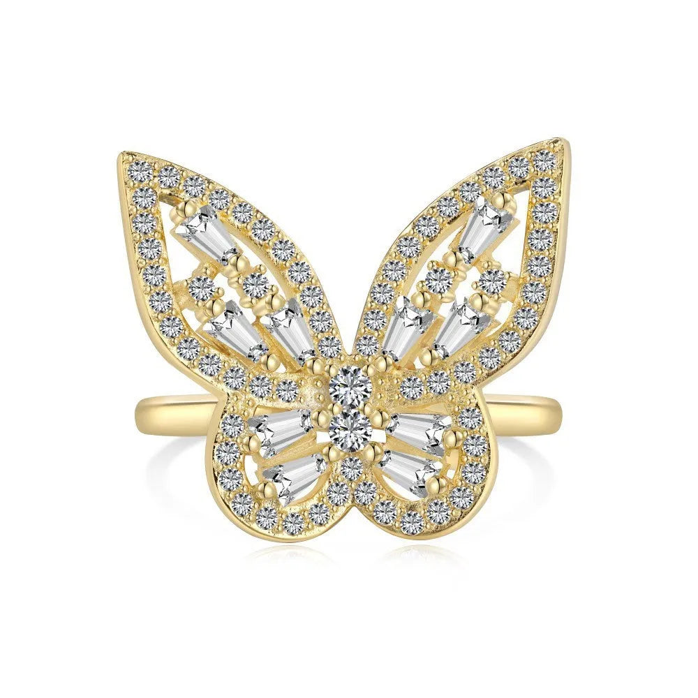 S925 sterling silver butterfly ring with white diamond inlaid zircon and adjustable opening band for women