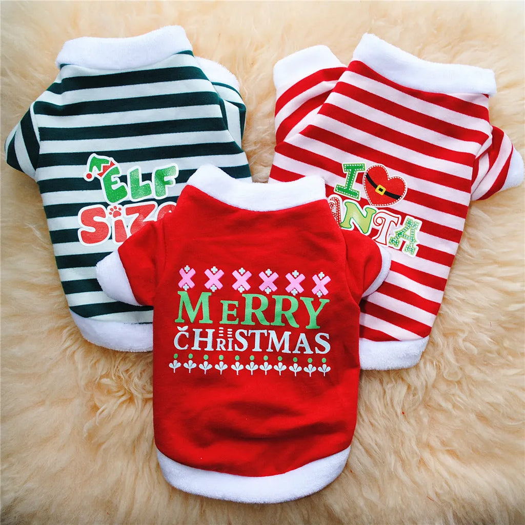 Christmas dog dress with hairy border, cotton terry fabric, green bar, red, or red bar, sizes XS to L