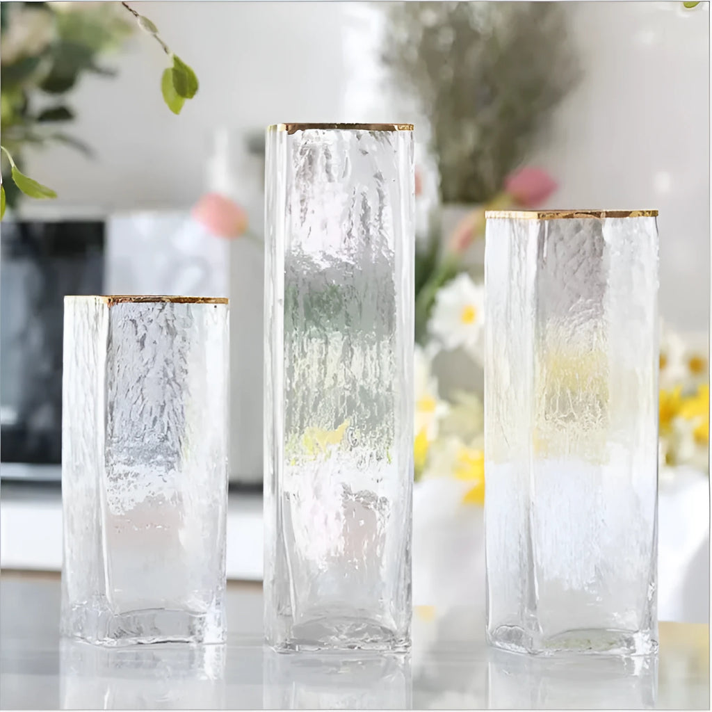 Transparent gold-painted glass vase in 8x20cm, 8x25cm, or 8x30cm for home and wedding decor