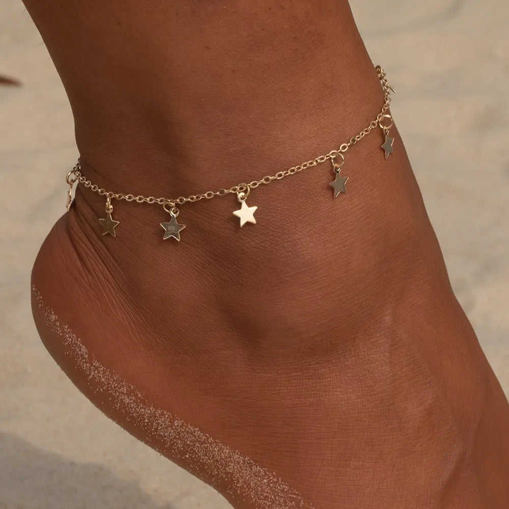 Simple star fashion anklet in gold or silver electroplated alloy, women's geometric ankle jewellery, individually packed