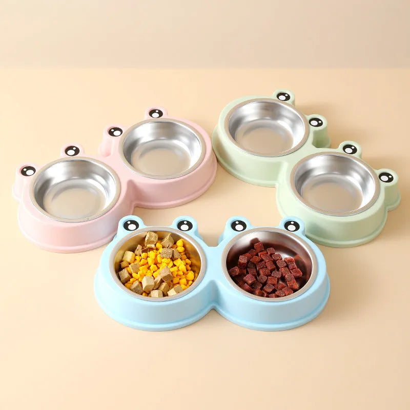 Stainless steel pet feeding bowl with two sections for food and water, in blue colour, measuring 30cm long