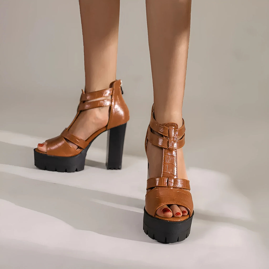 Round toe platform high heel sandals with back zipper in black, wine red, and yellow colours