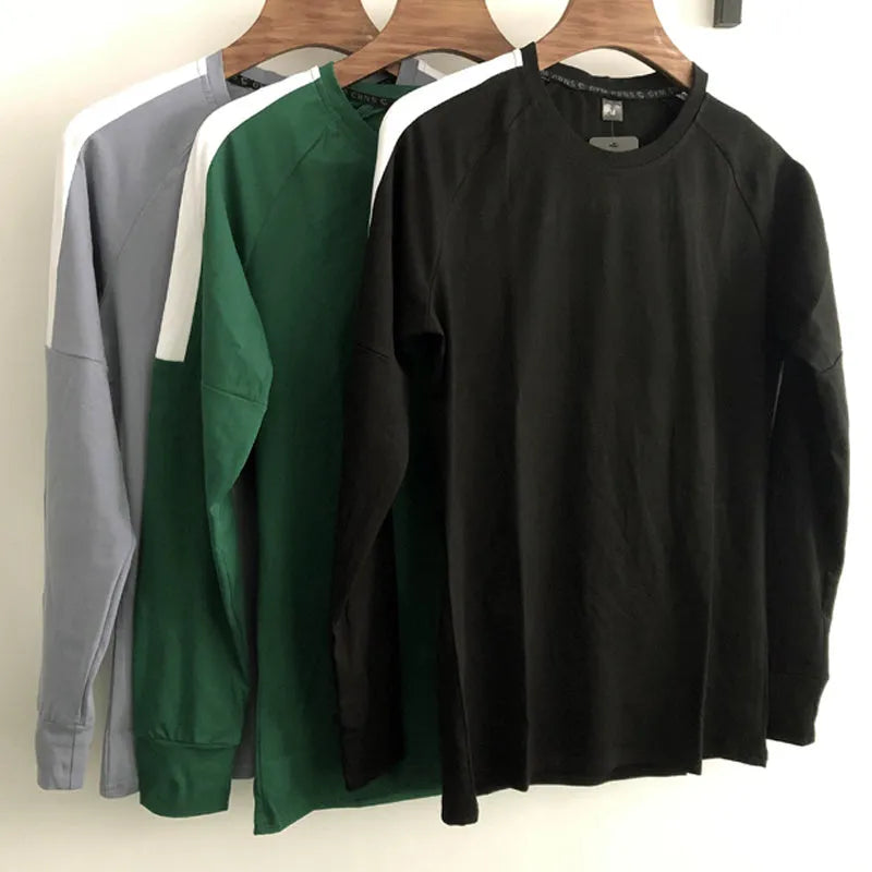 Men's long sleeve cotton t-shirt in black, green, or grey, hip length, moisture wicking, sizes M to XXL