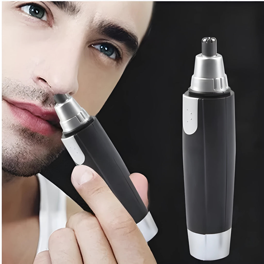 Electric nose hair trimmer with 360-degree rotating stainless steel blade, waterproof plastic body, black or silver