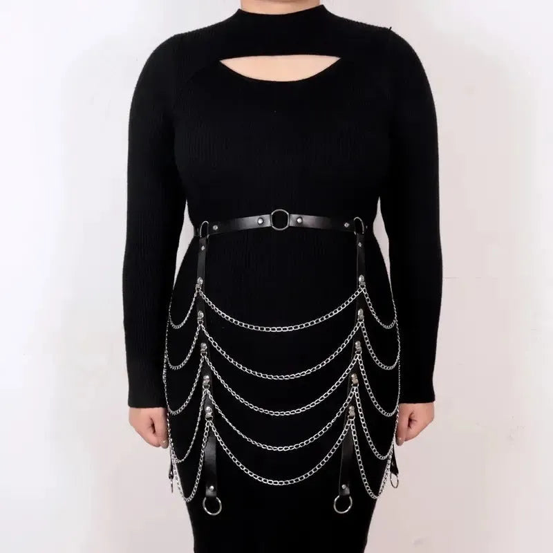 Black PU leather waist chain with adjustable bandage binding and buckle detail.