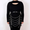 Black PU leather waist chain with adjustable bandage binding and buckle detail.