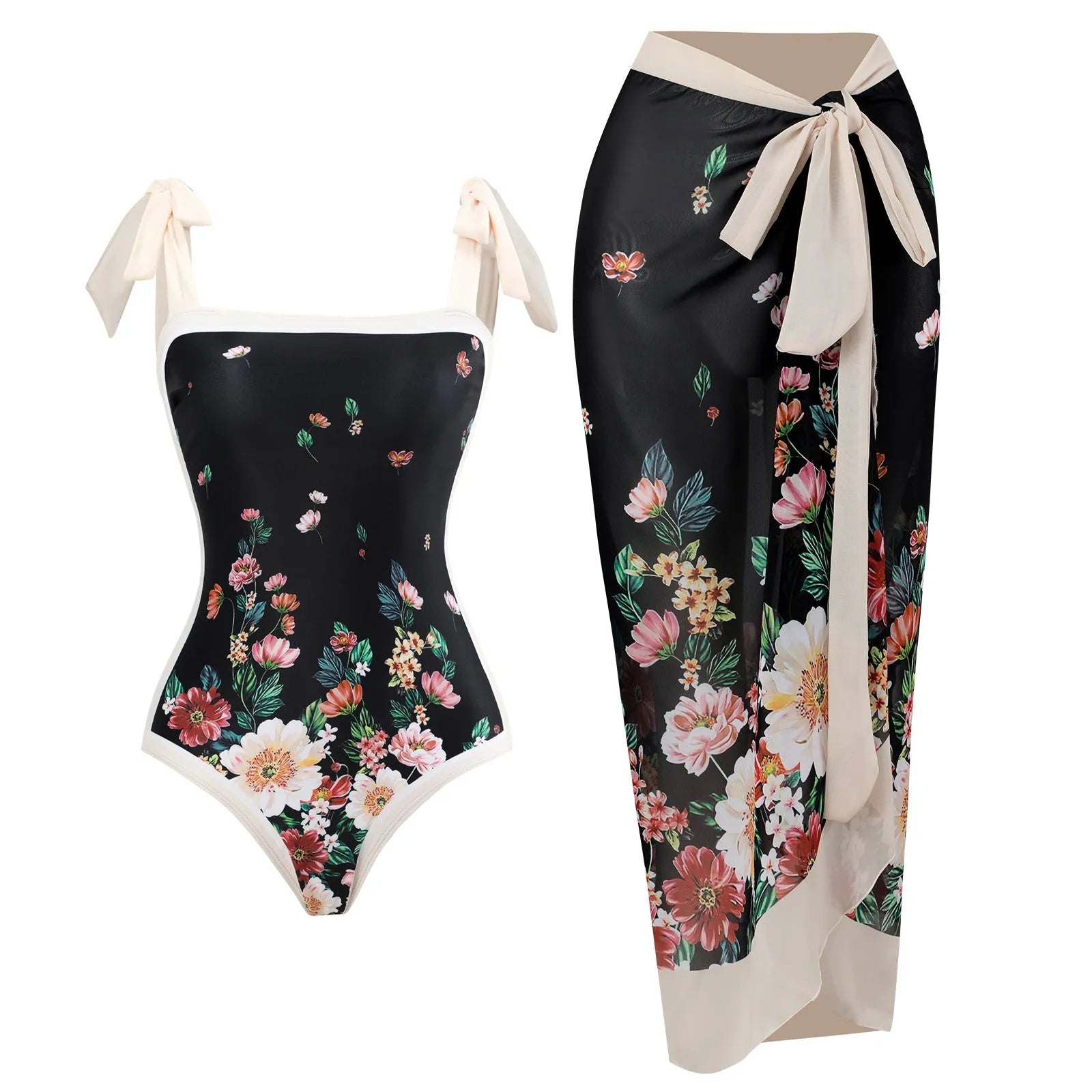 Women's retro one-piece swimsuit with chiffon skirt in floral pattern, showing high-elasticity fit for swimming