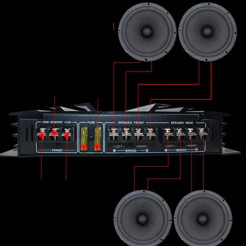 4 channel 12V car audio power amplifier board in black aluminium alloy, 32cm x 26cm x 4cm, for 4 speakers or 2 speakers and 1 subwoofer