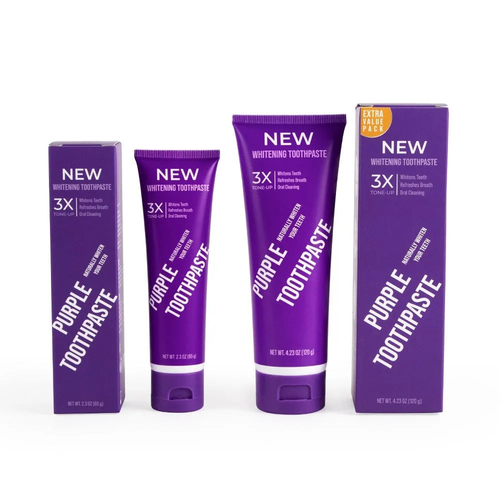 Purple whitening toothpaste tube for adults, shown in 120g and 65g sizes for yellow stain removal.