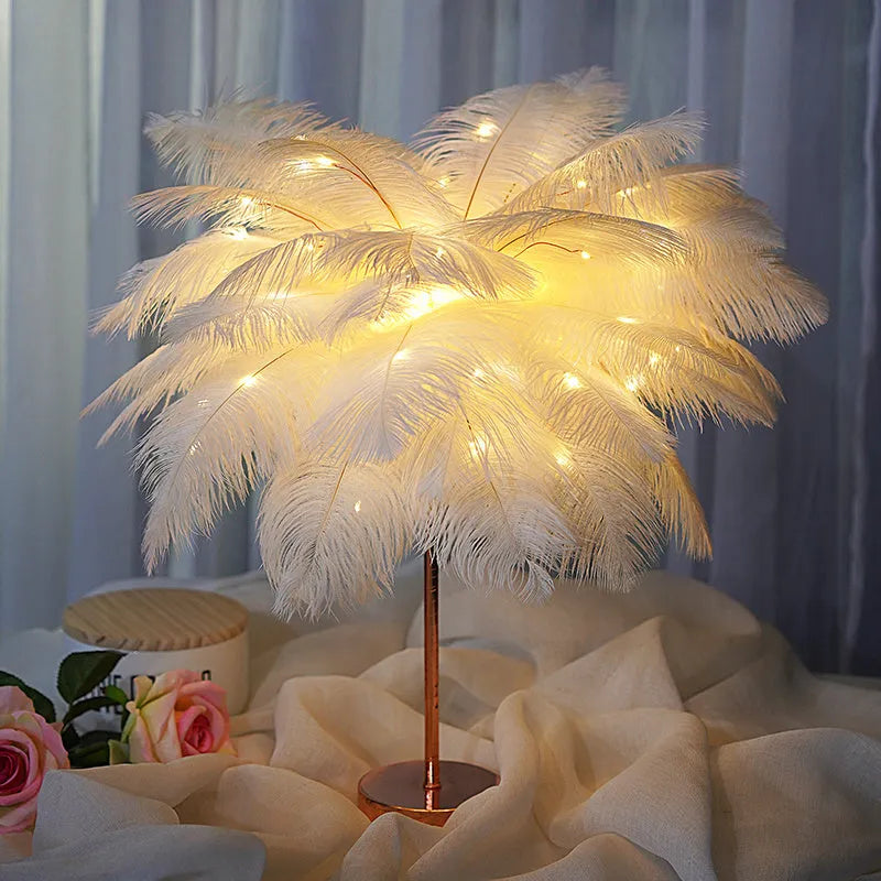Feather table lamp with remote control, USB or battery power, 50 feathers, soft light for bedside or desk