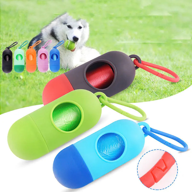Dog poop bags holder with Velcro strap and plastic side hook showing compact 10x10x5cm dimensions