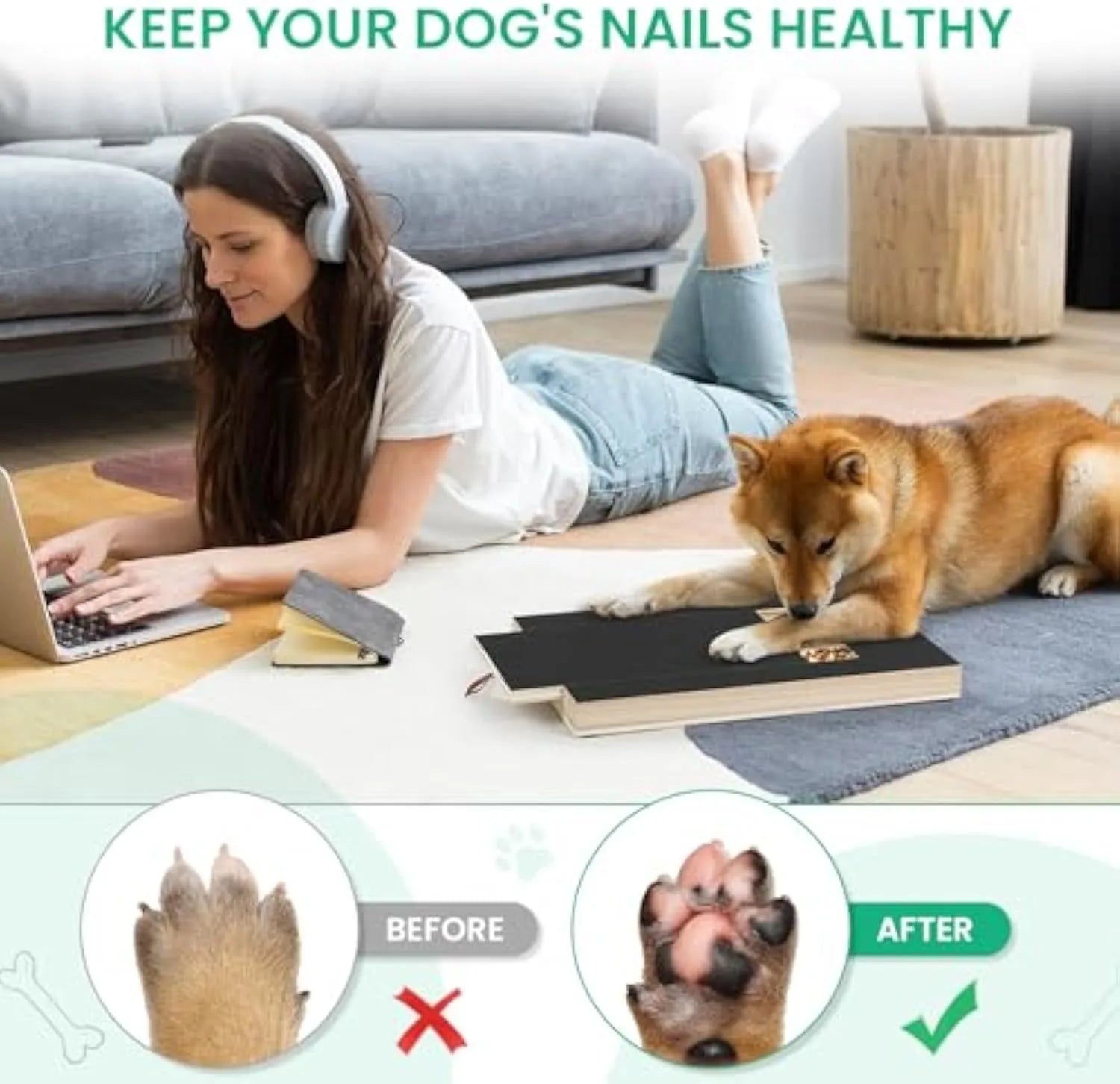 Wooden dog nail scratch board with a treat drawer and non-slip rubber feet on a floor.