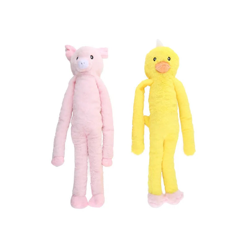 Soft pink and yellow plush dog toy with squeaker, rattle and crinkle sounds for large breed chewing.