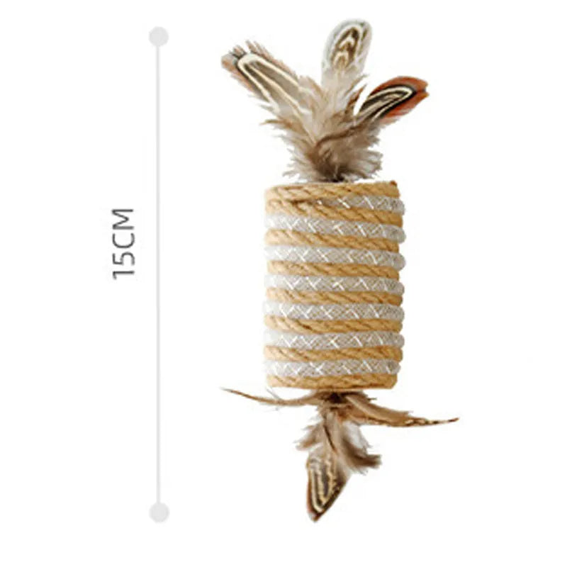 Beige cat interactive toy with feathers, hemp rope scratching surface, and integrated sound roller mechanism