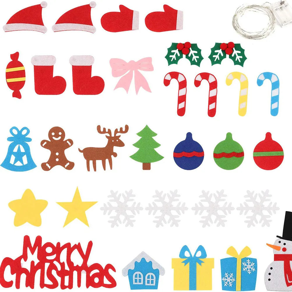 Green DIY felt Christmas tree with fairy-tale lights mounted on wall with decorative ornaments
