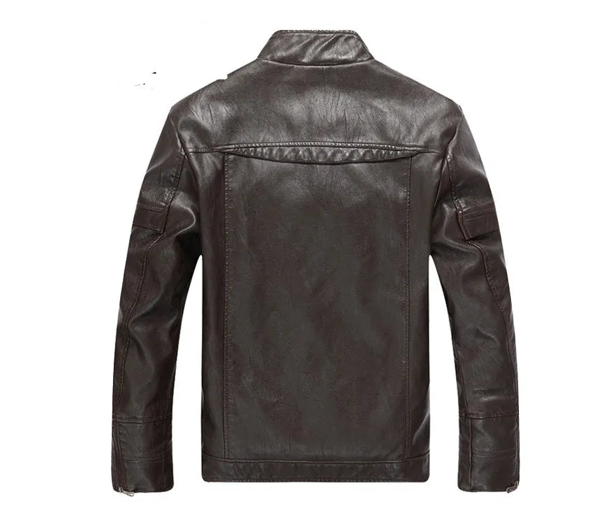 PU leather jacket in black, coffee, or khaki with washed finish, sizes L to 5XL