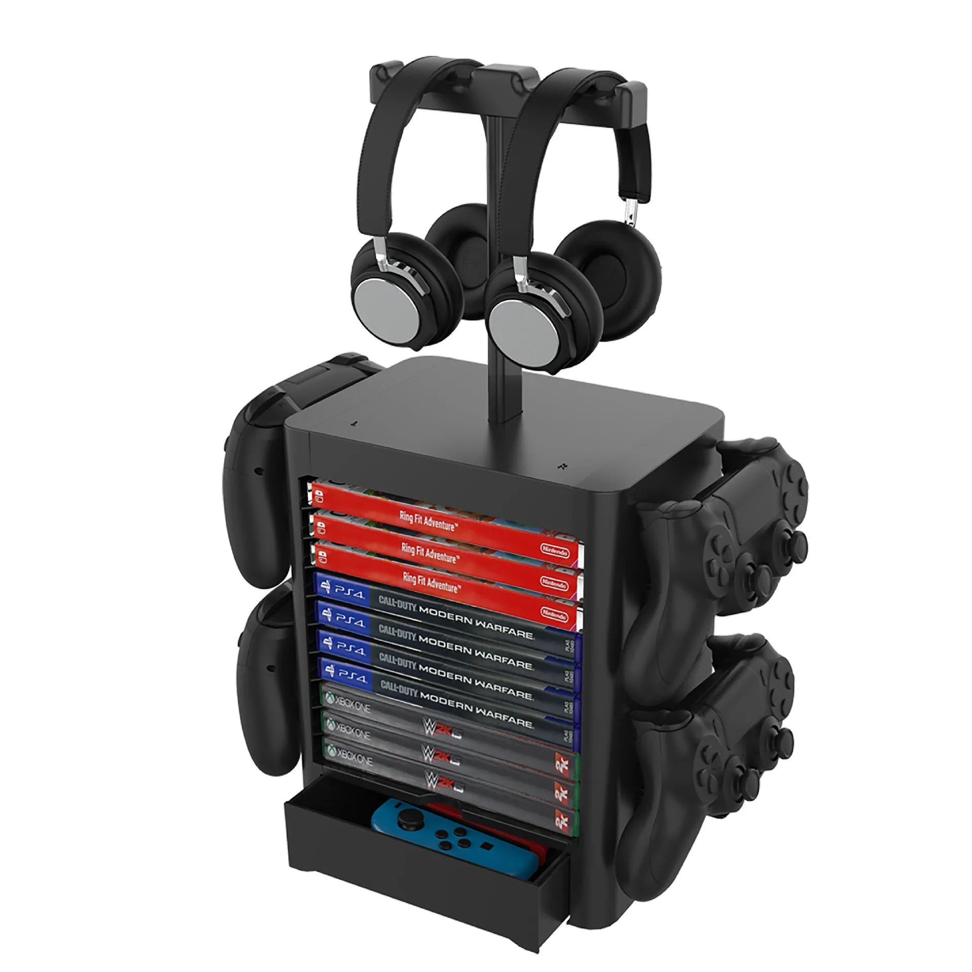 Black ABS gaming storage rack holding a console, headphones on top, controllers on side hooks, with a pull-out drawer.
