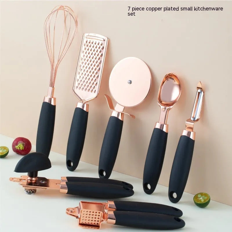 Seven-piece stainless steel kitchen utensil set in rose gold, mint green, pink, white, black, grey, or blue colour options