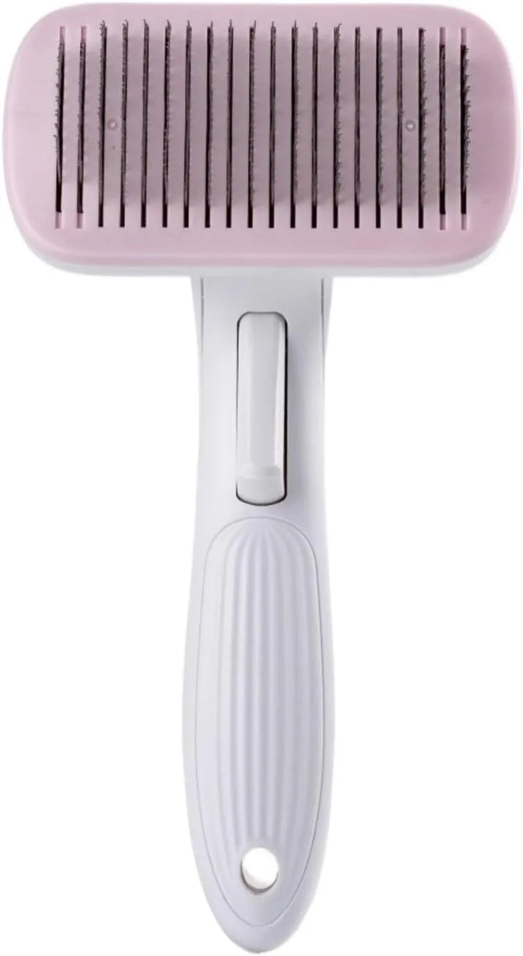 Pet automatic hair removal comb showing 10.7x19.5cm dimensions with one-click hair removal system