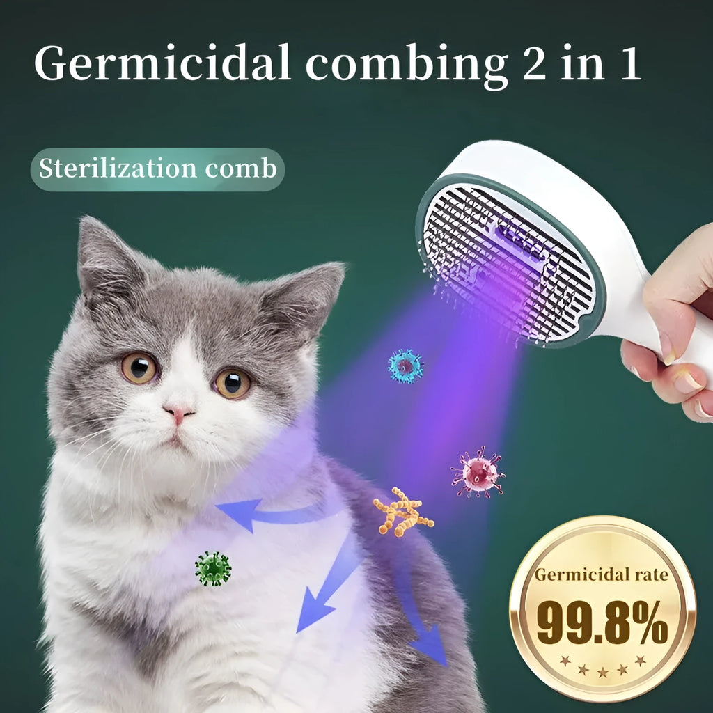 Dark green UVC sterilisation pet grooming slicker brush with needle bristles for removing tangled cat and dog hair