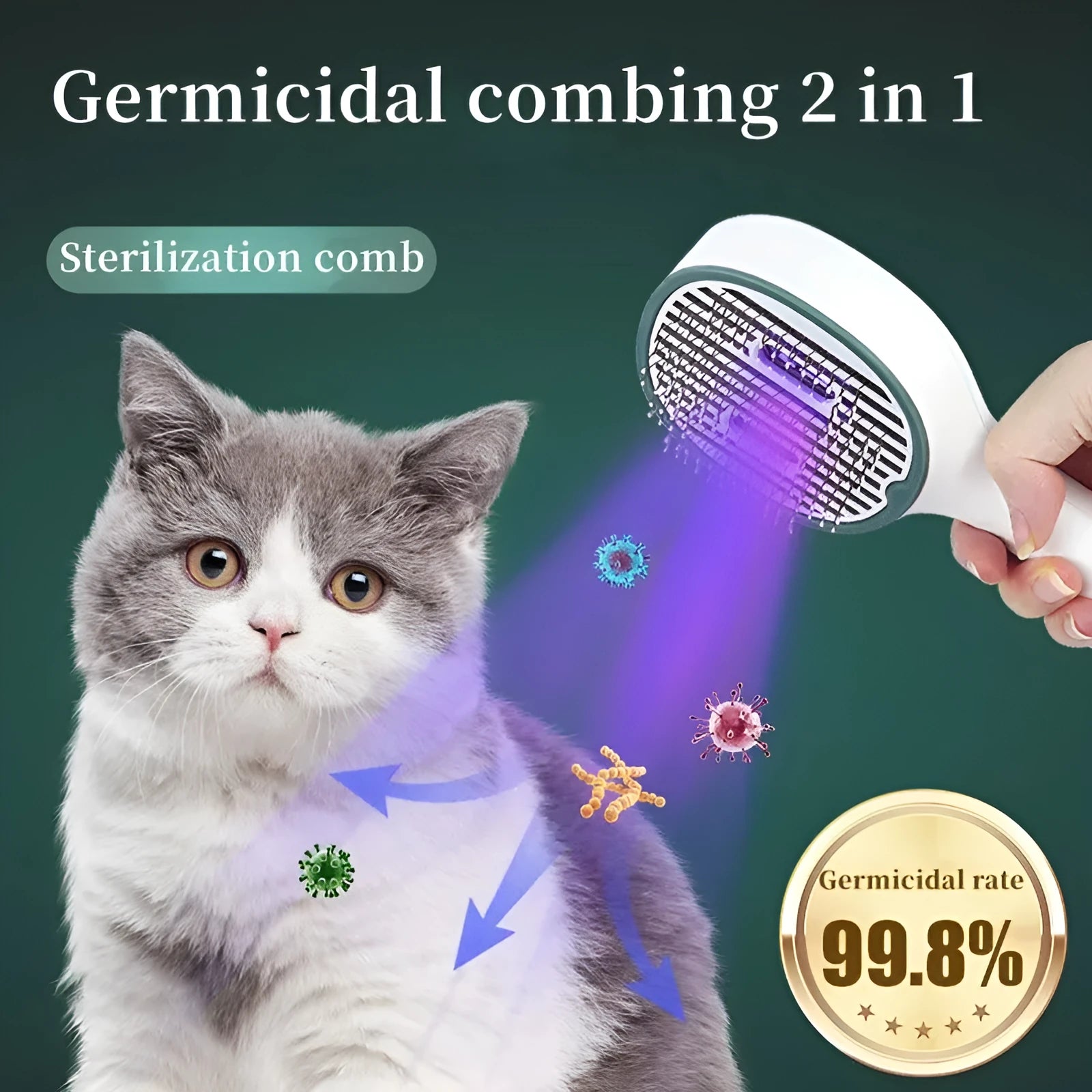 Dark green UVC sterilisation pet grooming slicker brush with needle bristles for removing tangled cat and dog hair
