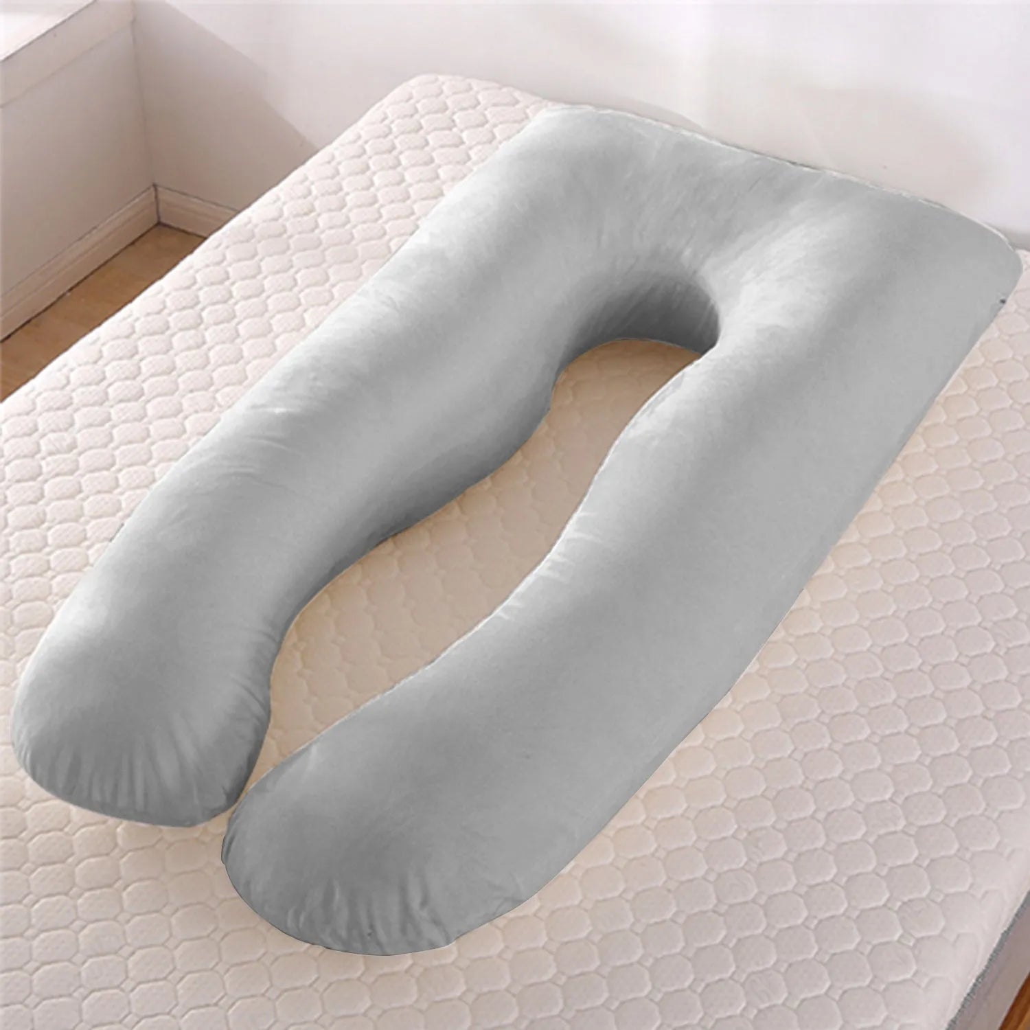 U-shaped pregnancy pillow in light blue with ice silk fabric, showing full 130cm length