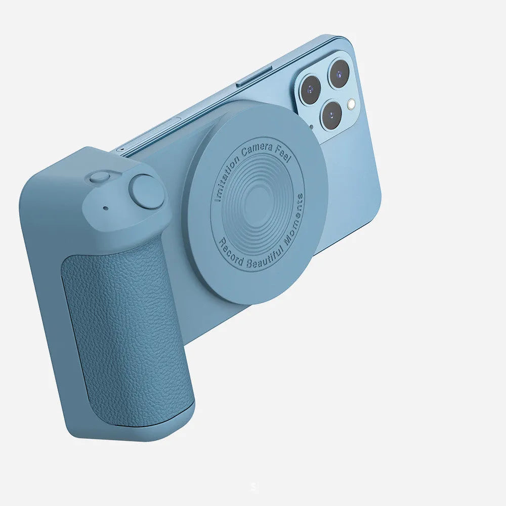 Black magnetic camera grip phone holder showing rotatable axis and ergonomic PU leather handle.