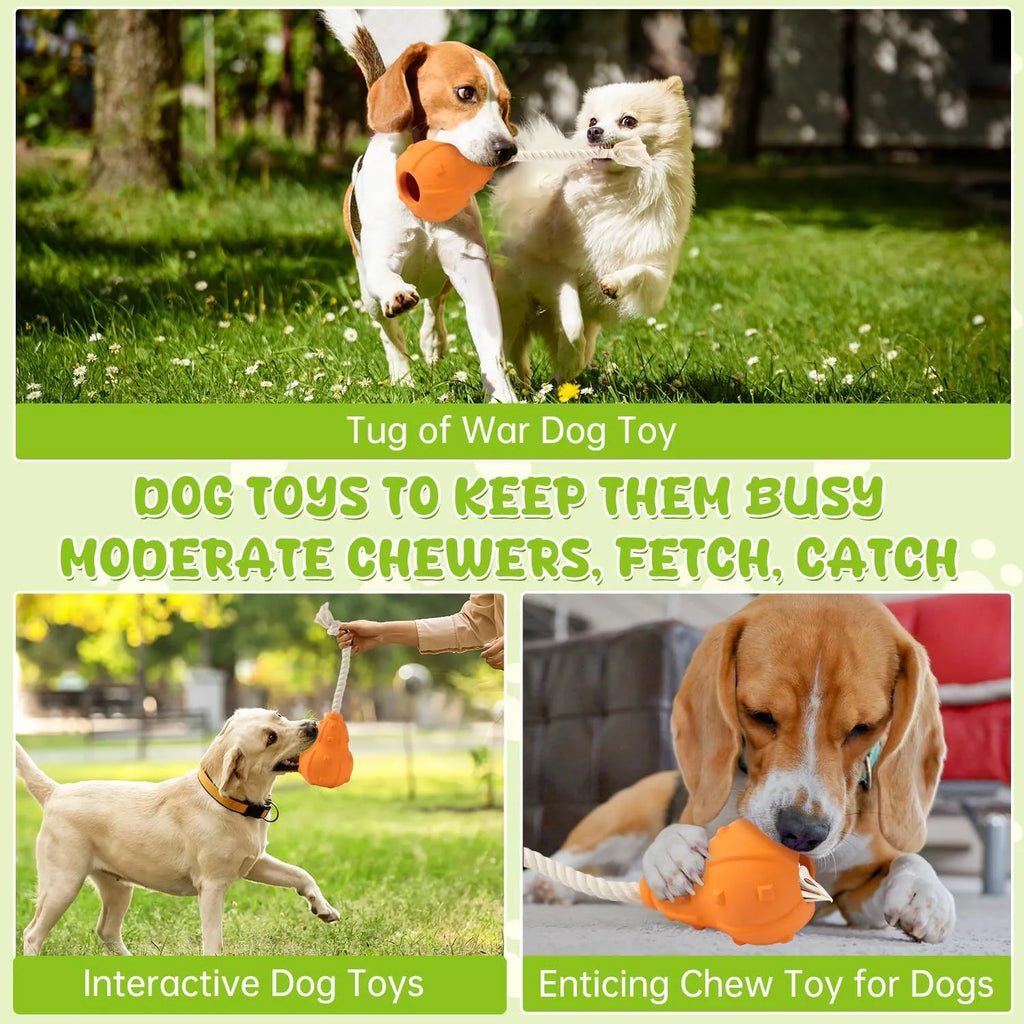 Stuffable dog toy in natural rubber, 30cm long with hollow interior for treats, designed for fetch and chew games