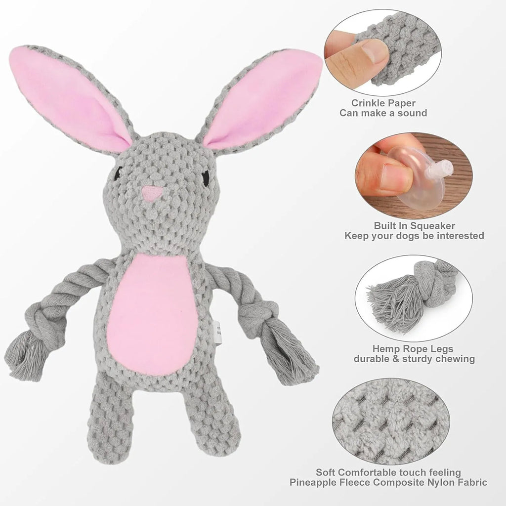 Dog plush toy with squeaker and crinkle paper in animal designs for small to medium dogs