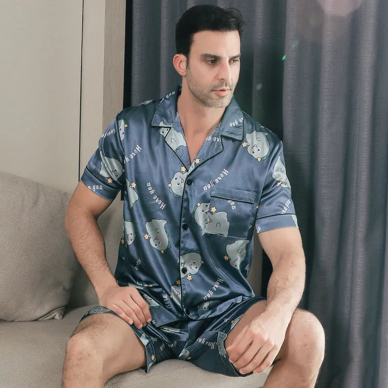 Men's ice silk short sleeve pyjama set in cardigan style on hanger