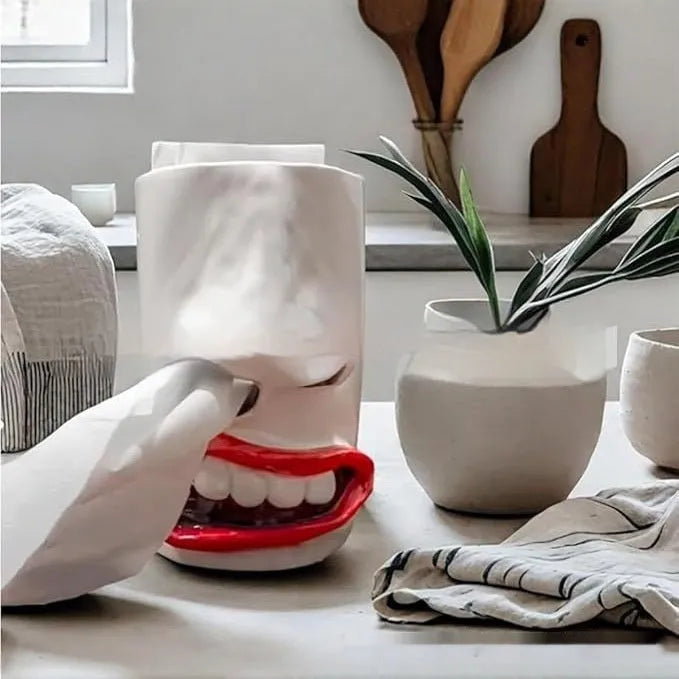 Resin tissue box holder with humorous design, dimensions 8.5cm by 14.6cm, on a desktop