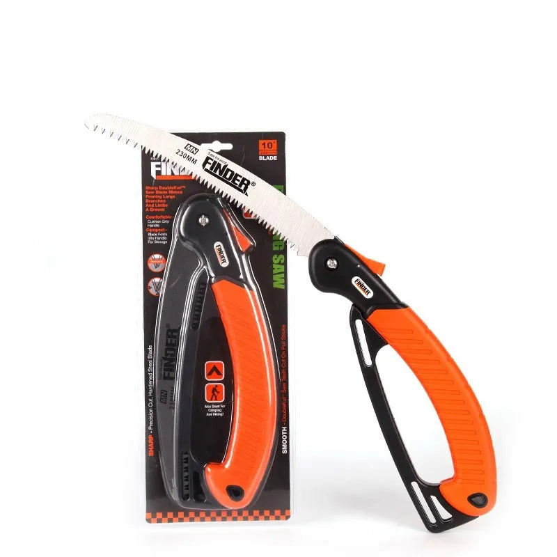 Folding garden saw with extended 230mm 65MN steel blade and TPR grip, showing teeth detail