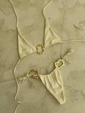 Women's halter neck bikini set with lace-up front detail in solid colour
