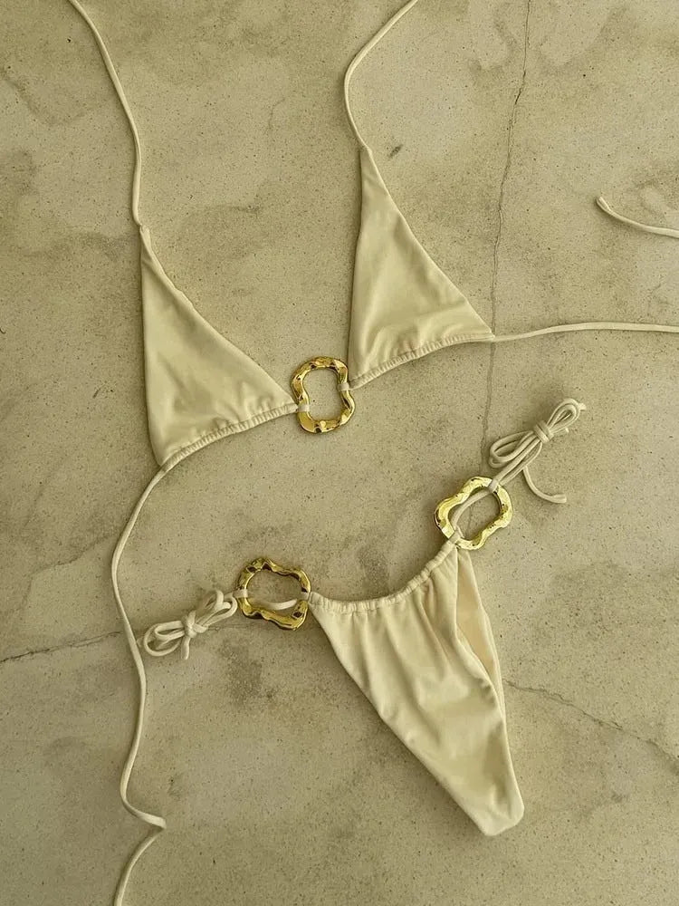 Women's halter neck bikini set with lace-up front detail in solid colour