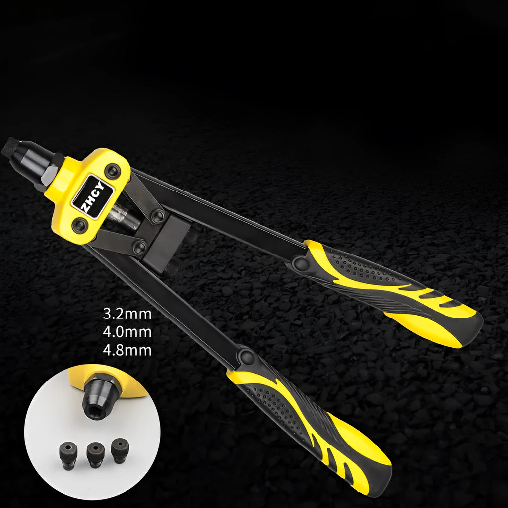 Yellow 13-inch manual rivet gun with three built-in tips for 3.2 mm, 4.0 mm, and 4.8 mm aluminium and steel household rivets