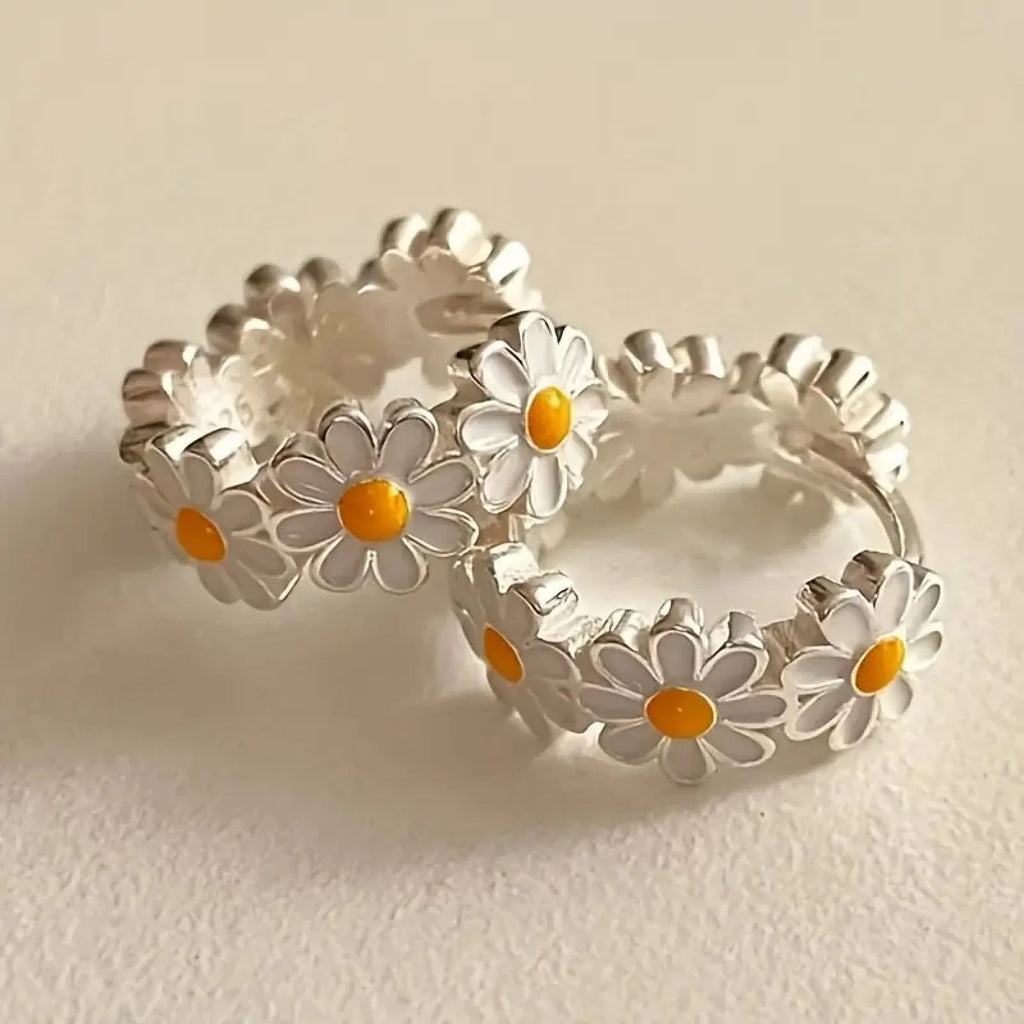 White daisy flower ring earrings with platinum inlaid gems on copper base with electroplated finish