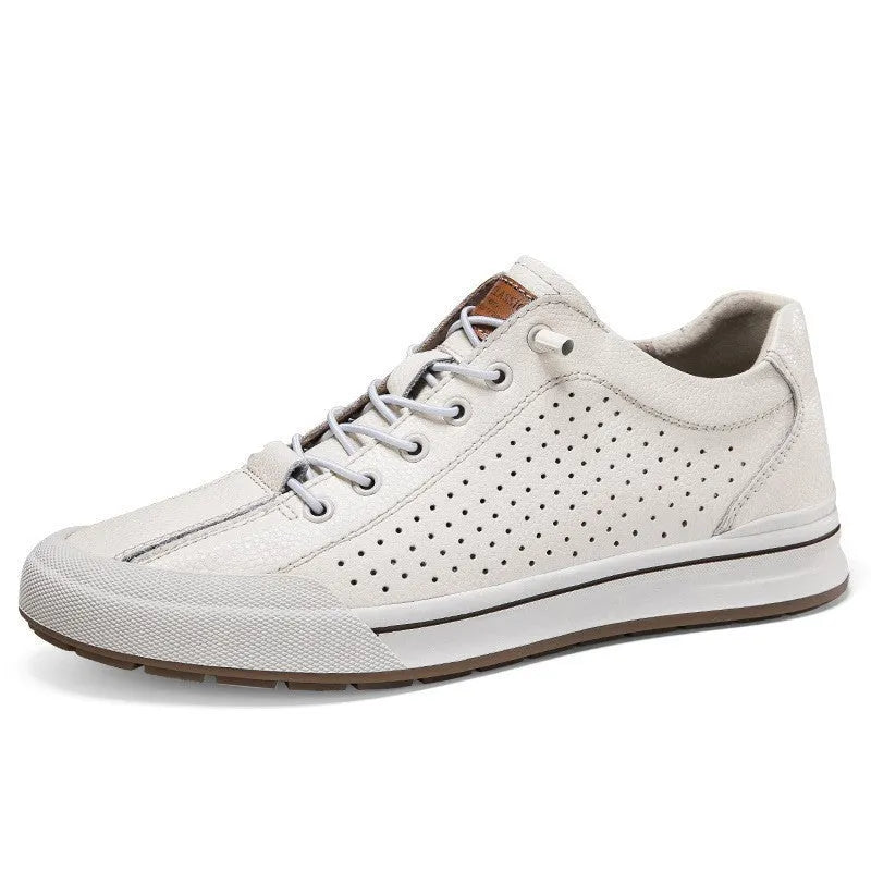 Men's white breathable shoes with matte leather upper and 6CM flat heel, showing round toe design