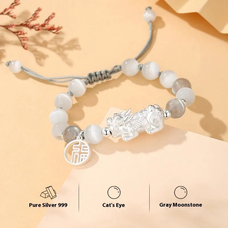 Hand-woven sterling silver couple bracelet with animal tassel decorative elements