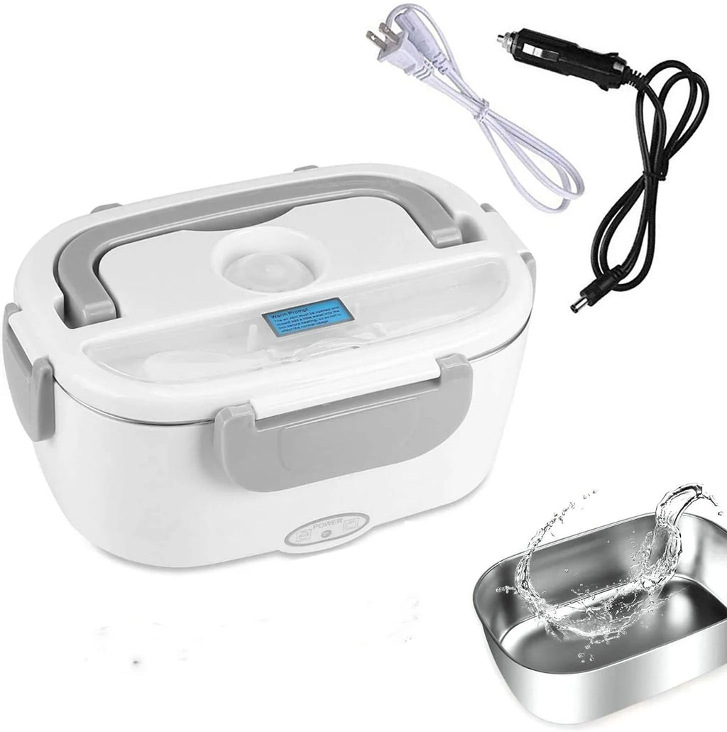 Grey dual-purpose electric lunch box with 1.1-1.2 litre capacity and 40W power for home and car use