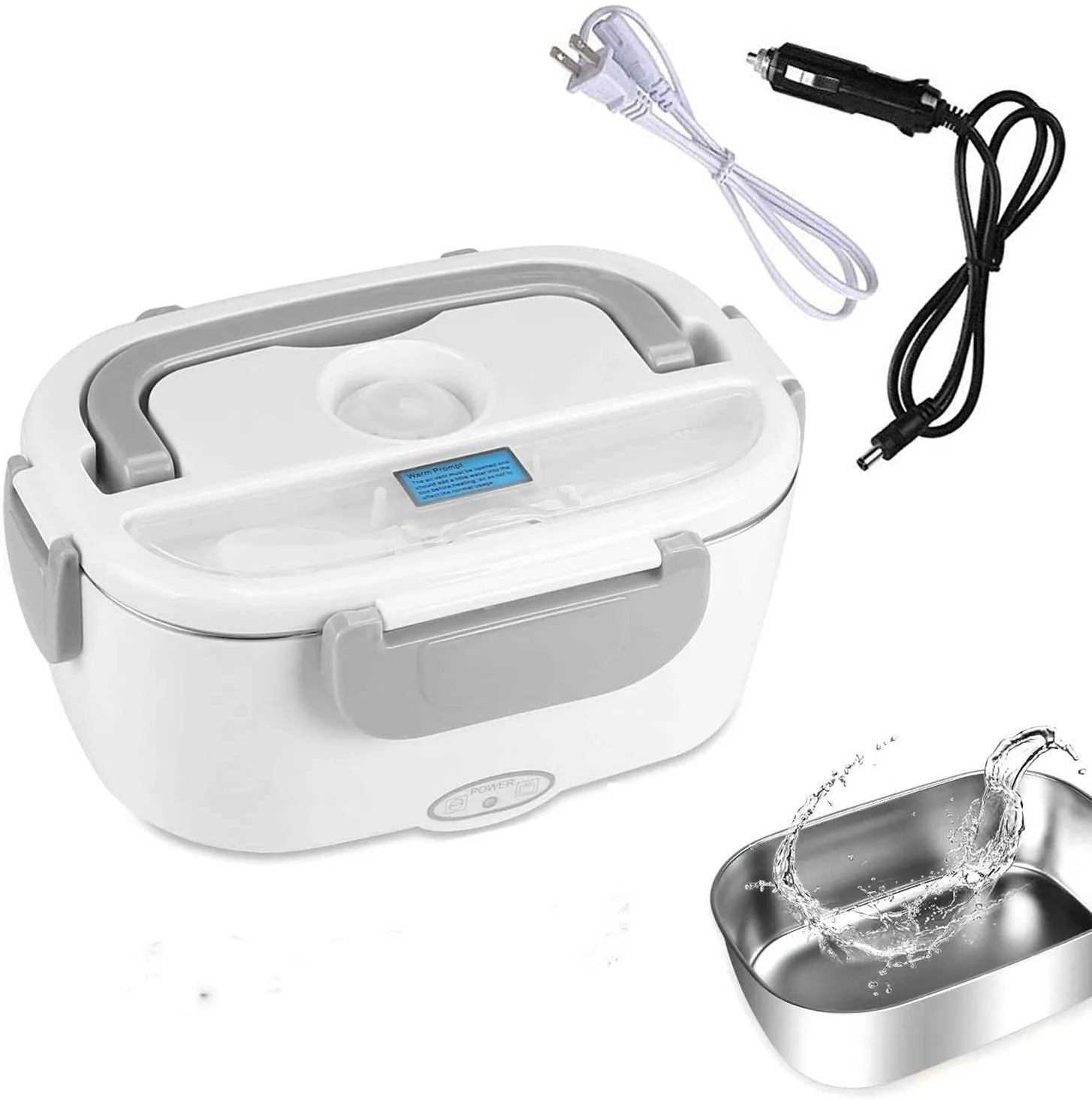 Grey dual-purpose electric lunch box with 1.1-1.2 litre capacity and 40W power for home and car use