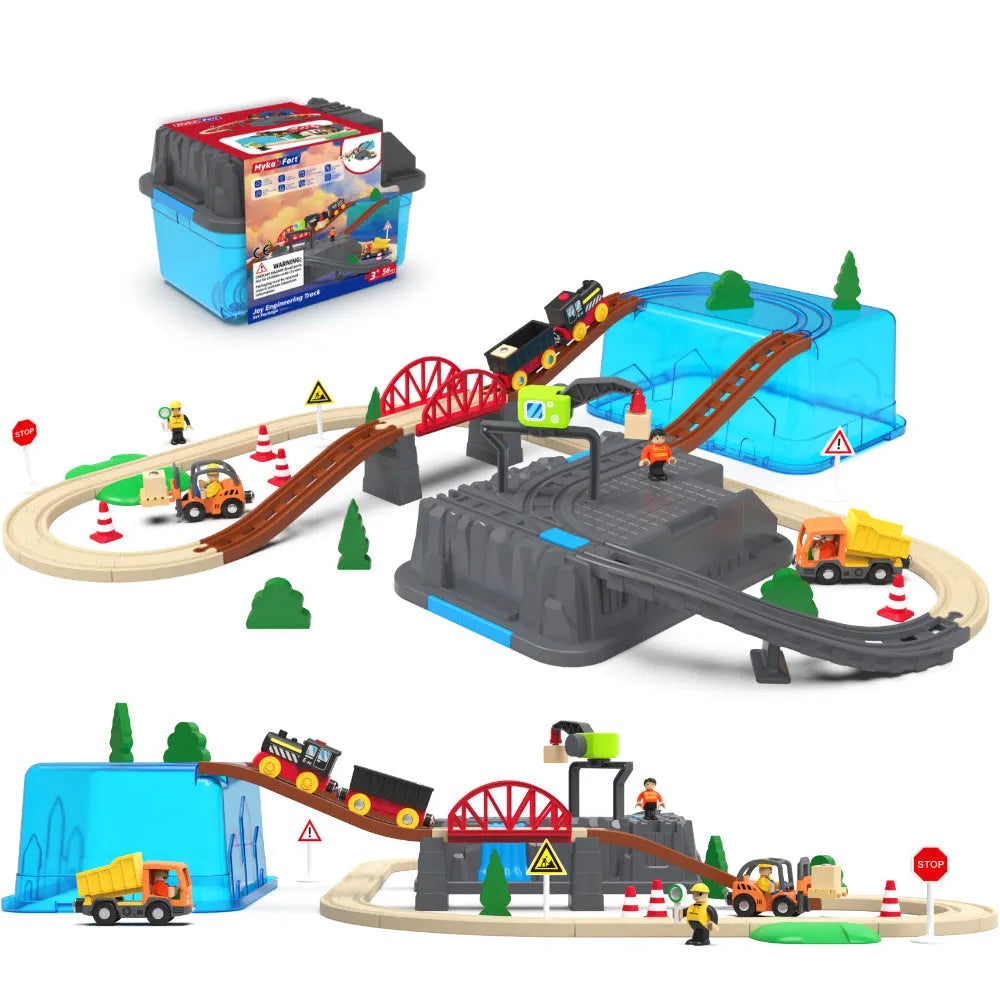 Wooden track train set with electric car head, beech and ABS pieces, free splicing track, and storage box for ages 4-6