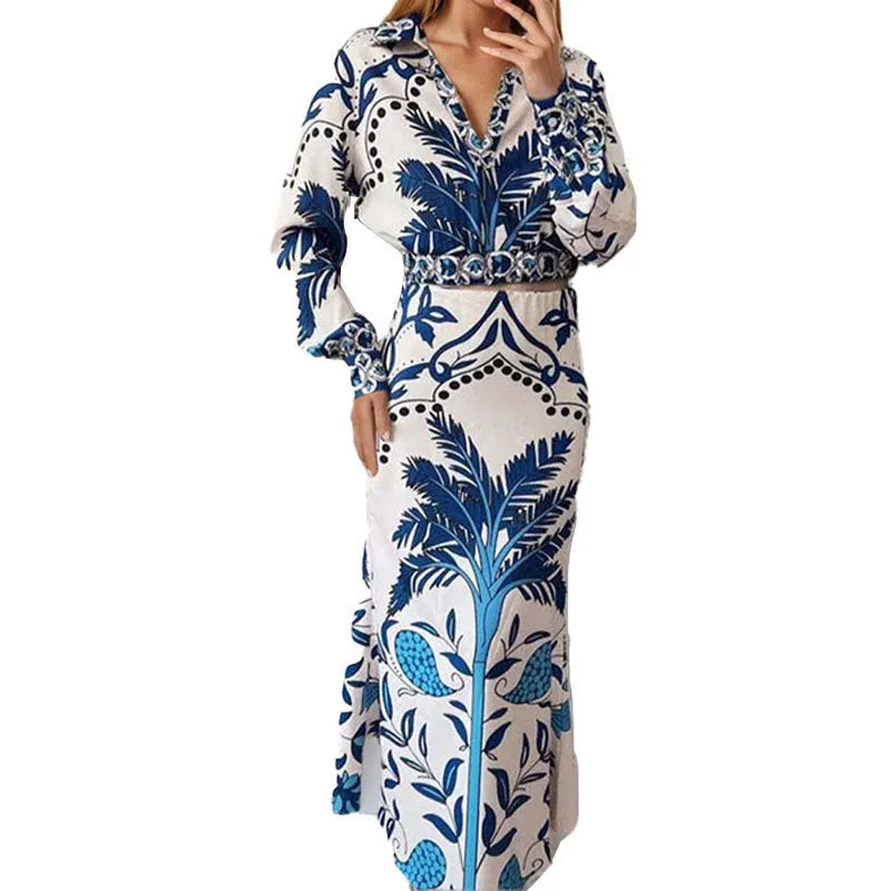 Flower Early Spring Casual Fashion Set with long sleeves and skirt in picture colour, sizes S to 3XL