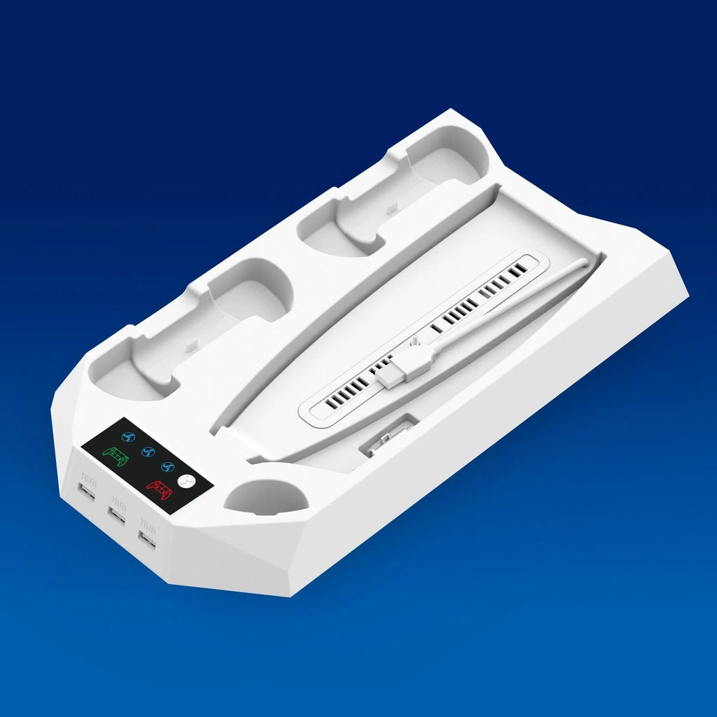 PS5 charging base radiator in black with dual USB ports storing controller and headset