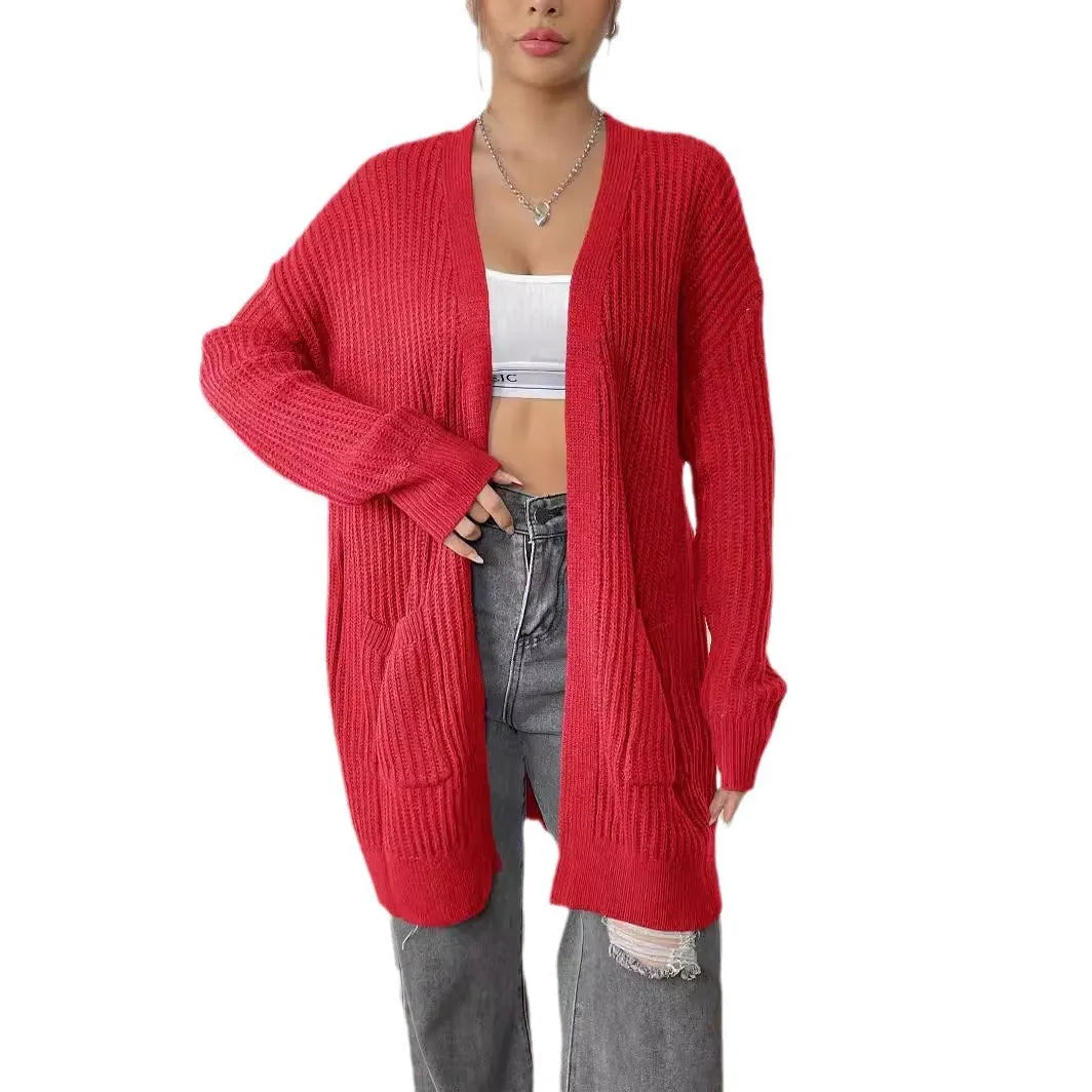 Women's double pocket acrylic cardigan with 65cm length and street hipster style in solid colour