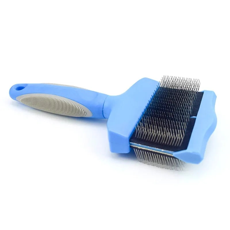 Double-sided pet brush with stainless steel pins and blue ergonomic handle for grooming dogs and cats
