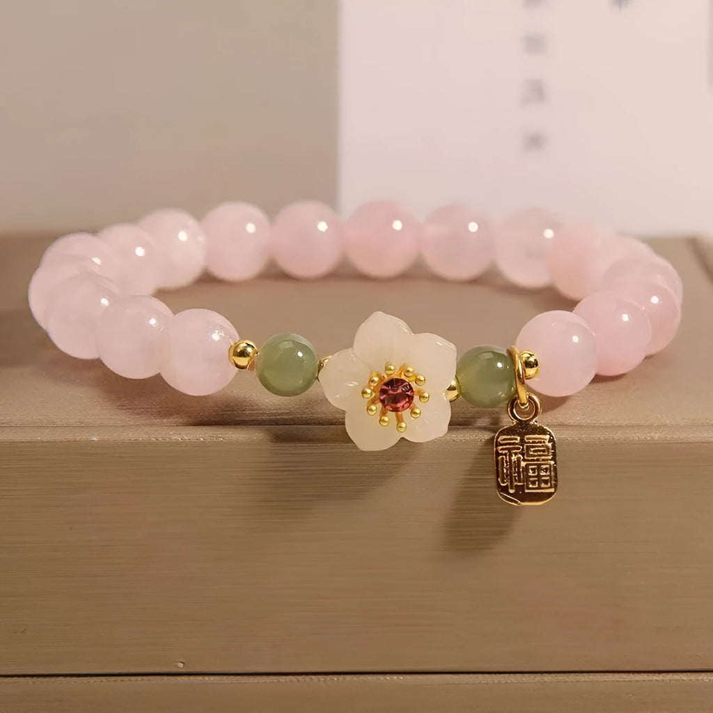 Crystal and Hetian jade beaded bracelet with peach blossom and camellia pastoral design in blessing card colour