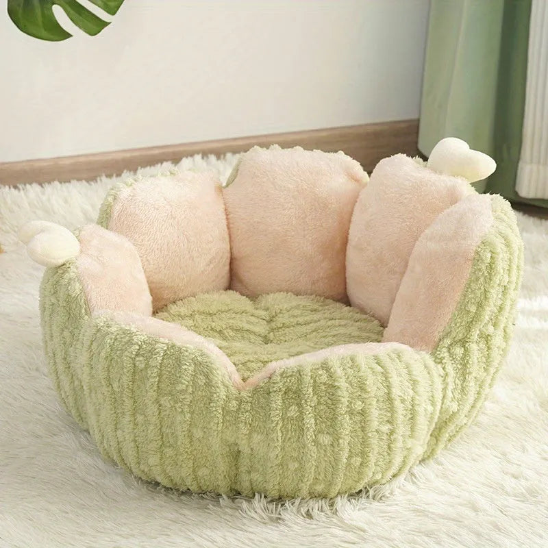 Soft cactus design cat litter kennel in purple and green colours showing large and small size options
