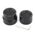 Black CNC aluminium front and rear axle decorative caps for Harley-Davidson motorcycle.
